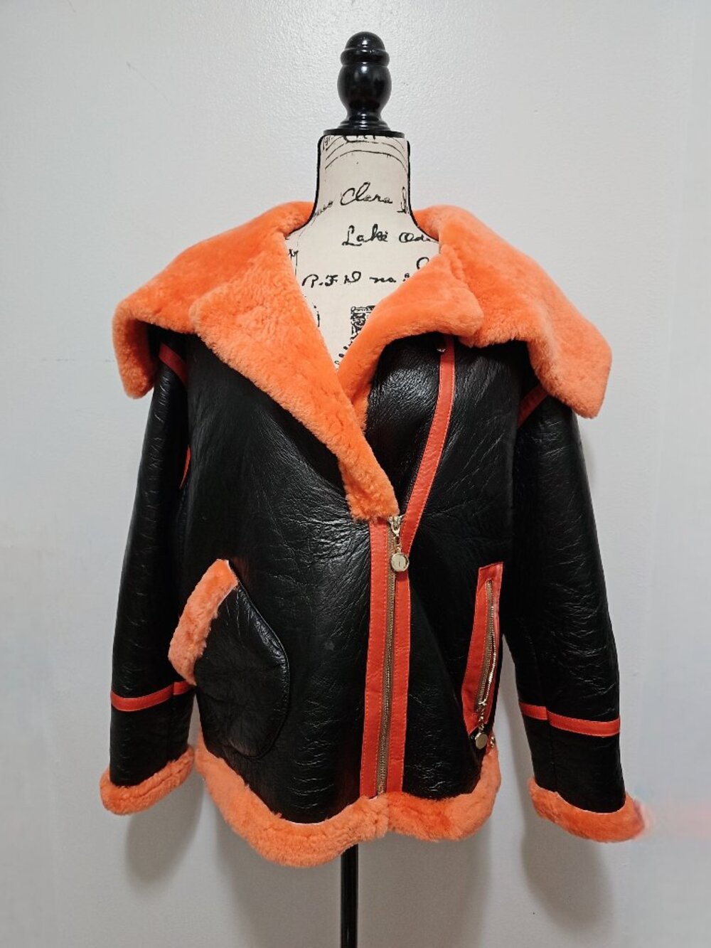 NewReal Sheepskin Shearling Lamb Fur Leather Moto Racer Biker Jacket BlackCarrot